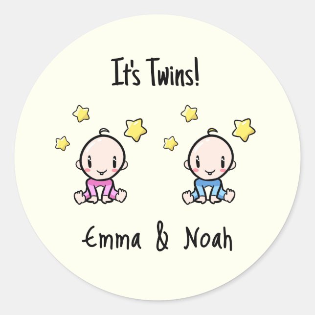 It's Twins!, Pink & Blue Personalized Twin Babies  Classic Round Sticker (Front)