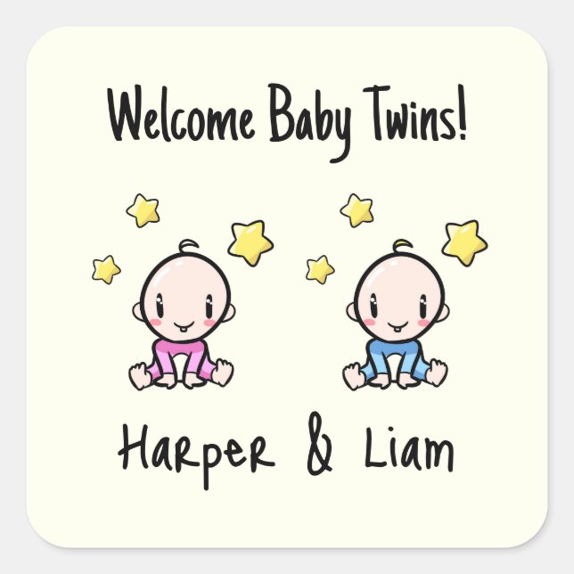 It's Twins!, Pink & Blue Personalized Twin Babies  Square Sticker (Front)