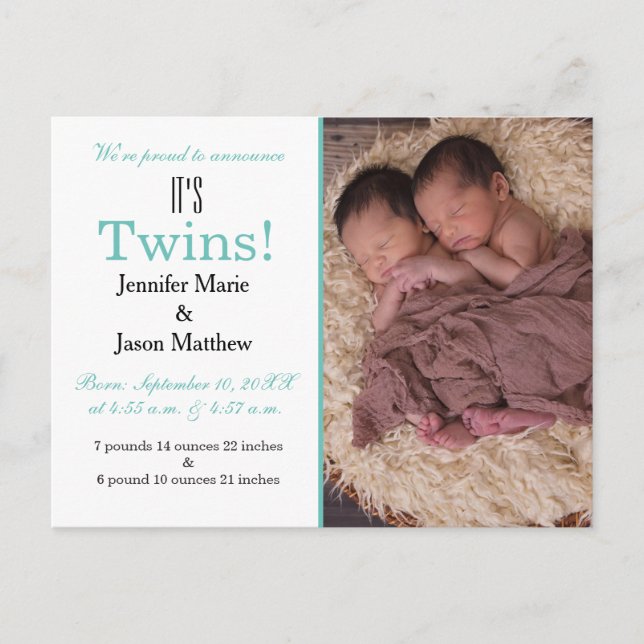 It's Twins Teal Photo Birth Announcement Postcard (Front)