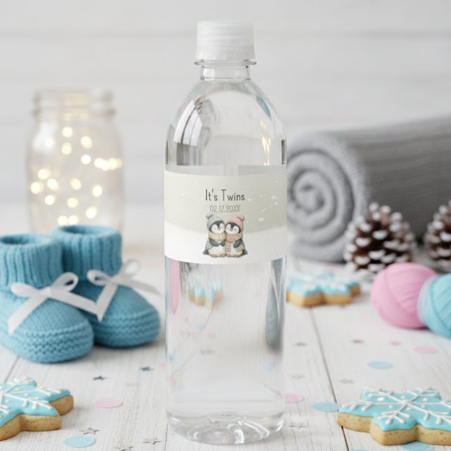 Its Twins Winter penguin Baby Shower theme  Water Bottle Label (Creator Uploaded)