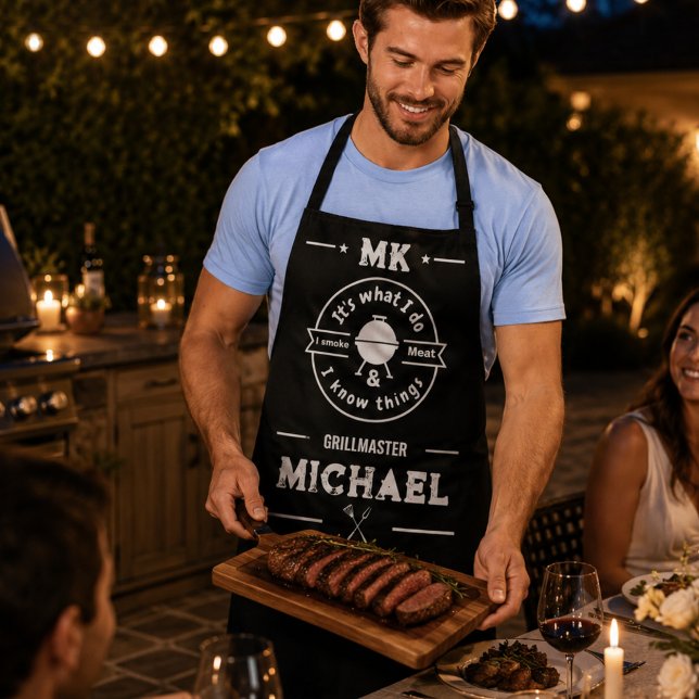 It's What I Do I Smoke Meat & I Know Things Funny  Apron (aprons personalized monogram for him masculine husband chef gift birthday BBQ barebecue summer )