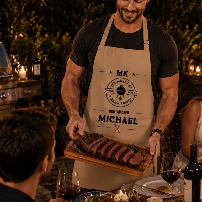 It's What I Do I Smoke Meat & I Know Things Funny  Standard Apron (aprons personalized monogram initials monogrammed for him masculine BBQ funny dad chef gift )