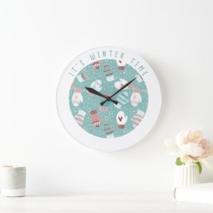 It's Winter Time Christmas Mittens Pattern in Mint Large Clock