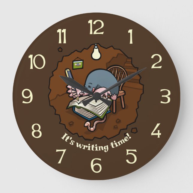 It's Writing Time! Cute Mole Writer In Burrow Large Clock (Front)