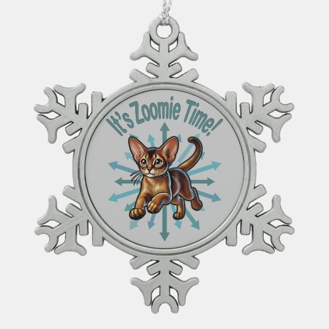 It's Zoomie Time Abyssinian Cat Snowflake Pewter Christmas Ornament (Front)