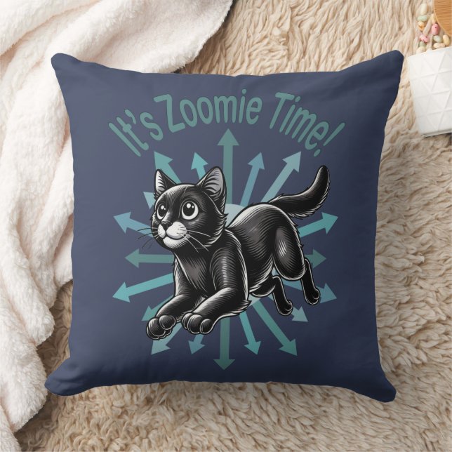 It's Zoomie Time Black Cat Throw Pillow (Blanket)