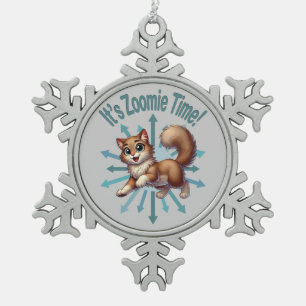 It's Zoomie Time Cute Brown & White Cat Snowflake Pewter Christmas Ornament