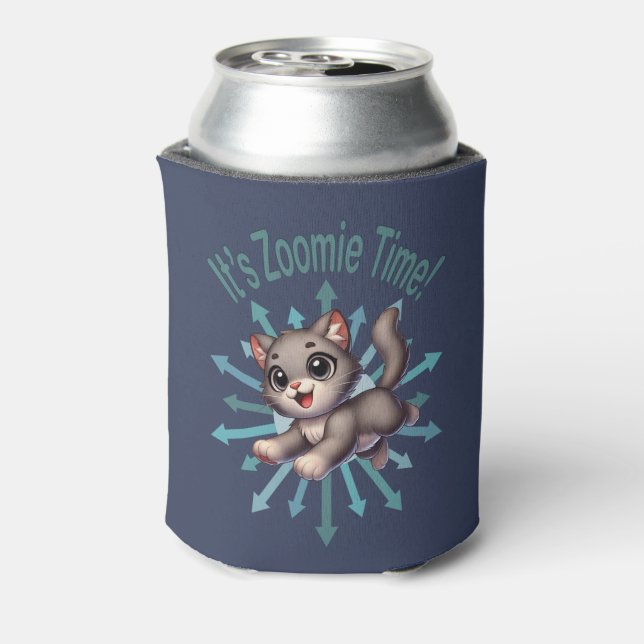 It's Zoomie Time Cute Grey & White Cat Can Cooler (Can Back)