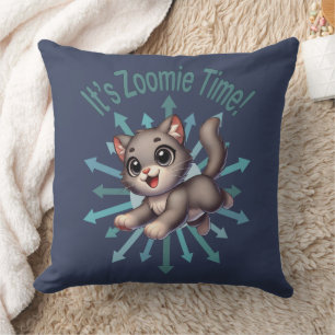 It's Zoomie Time Cute Grey & White Cat Throw Pillow