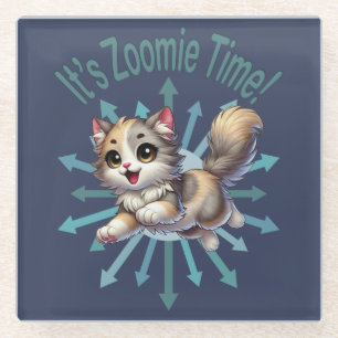 It's Zoomie Time Cute Tricolor Cat Glass Coaster