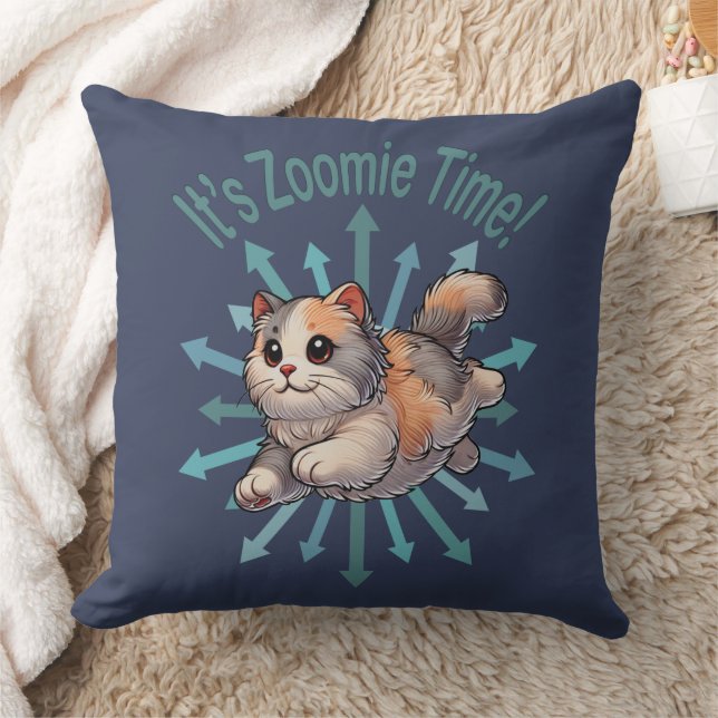 It's Zoomie Time Dilute Calico Cat Throw Pillow (Blanket)