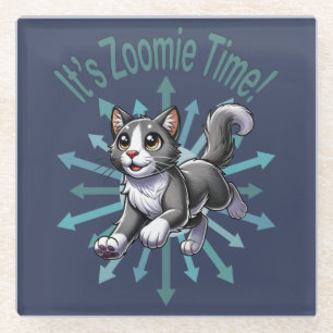 It's Zoomie Time Grey Bicolor Cat Glass Coaster