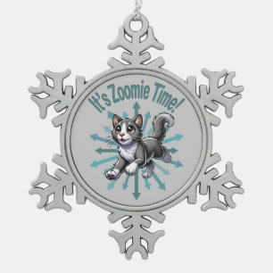 It's Zoomie Time Grey Bicolor Cat Snowflake Pewter Christmas Ornament