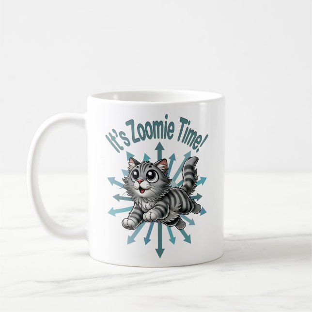 It's Zoomie Time Grey Tabby Cat Coffee Mug (Left)