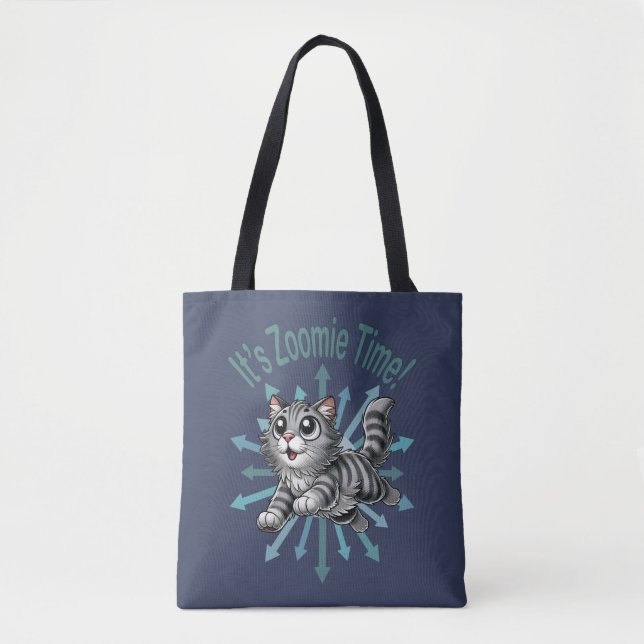 It's Zoomie Time Grey Tabby Cat Tote Bag (Front)