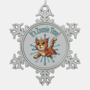 It's Zoomie Time Orange Tabby Cat Snowflake Pewter Christmas Ornament