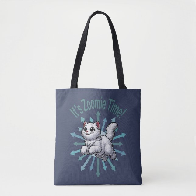 It's Zoomie Time White Cat Tote Bag (Front)