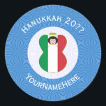 Itslian Angel Hanukkah Flag Personalized  Classic Round Sticker<br><div class="desc">Round sticker shows an angel wearing the flag of Italy on this sticker for holiday or Hanukkah gift decorating. The Italian Flag angel is found inside a white, fractal circle of squiggly squares. The background is a blue fractal of squiggly squares. Add your own text or personalize with a name...</div>