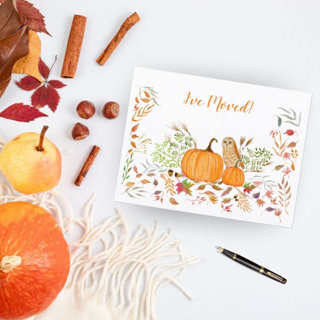 I've Moved Autumn Foliage With Owl And Pumpkins Announcement Postcard (Creator Uploaded)