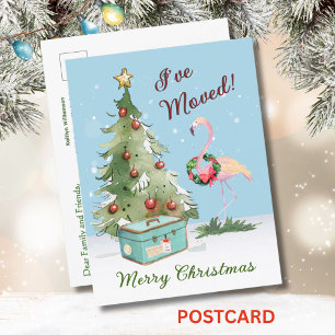 I've Moved Budget Flamingo Christmas Tree  Announcement Postcard