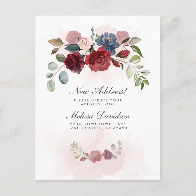 I've Moved Burgundy Floral Moving Announcement Postcard (Front)