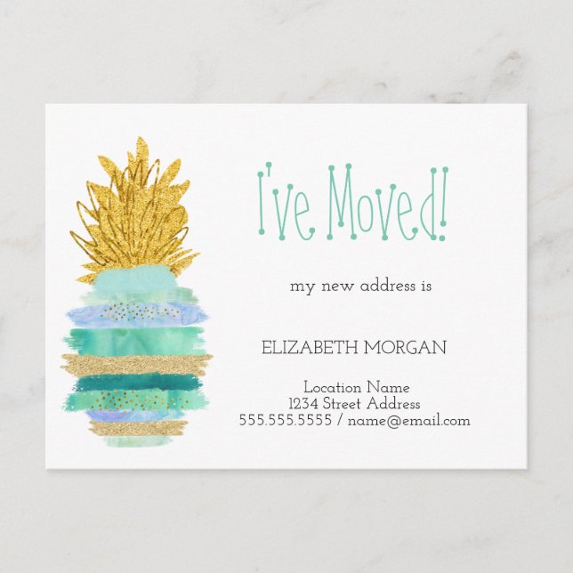 I've Moved,Green,Glitter Pineapple New Address  Announcement Postcard (Front)