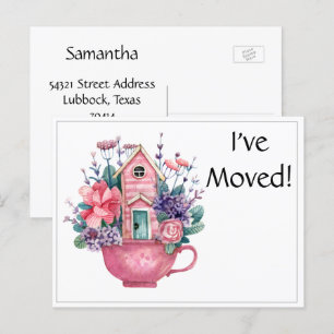 I've Moved Pink Fairytale House in Teacup Postcard