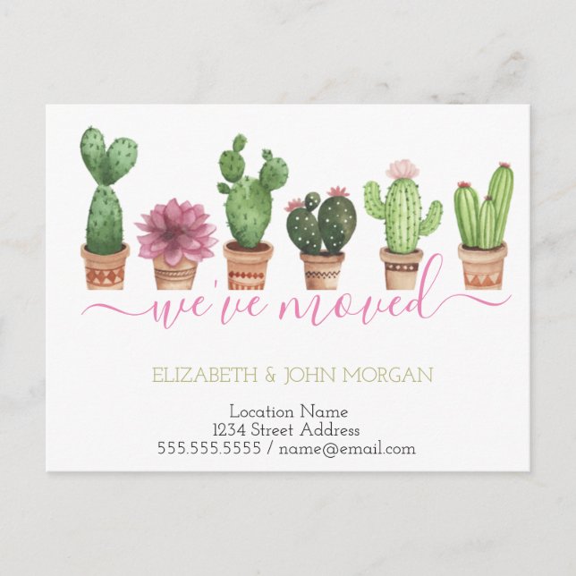 I've Moved  Watercolor Cactus New Address Announcement Postcard (Front)