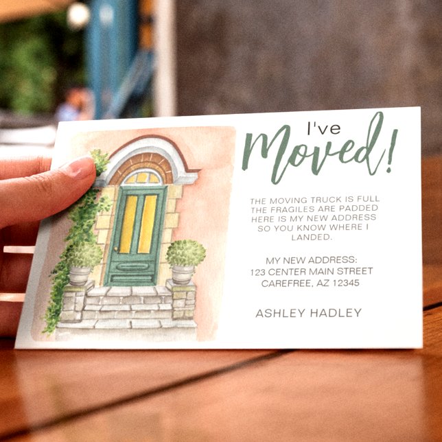 I've Moved Watercolor Green Door Announcement Postcard (Creator Uploaded)