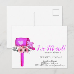 I've Moved,Watercolor Mailbox Heart Flowers Announcement Postcard