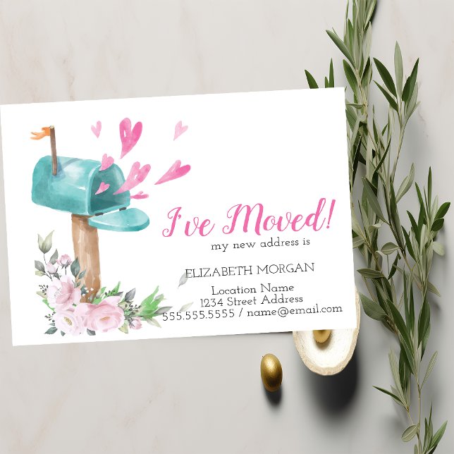 I've Moved,Watercolor Mailbox RosesHearts  Announcement Postcard (Creator Uploaded)