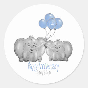 Ivory 14th wedding anniversary elephant couple classic round sticker