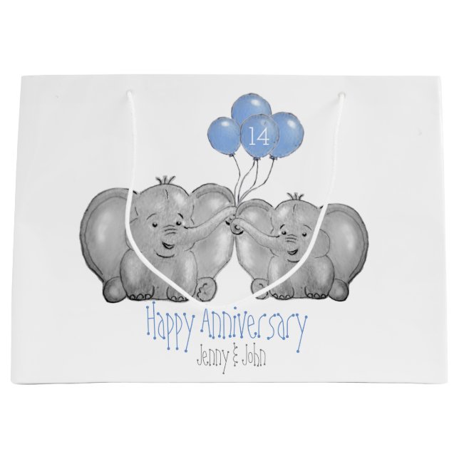 Ivory 14th wedding anniversary elephant couple large gift bag (Front)