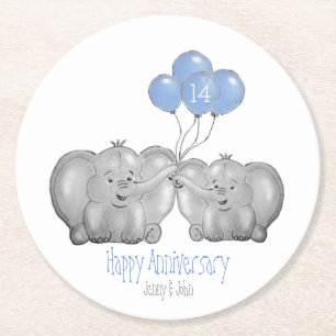 Ivory 14th wedding anniversary elephant couple round paper coaster