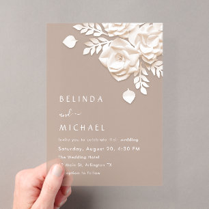 Ivory 3D Flowers Roses Minimalist Wedding Invitat Acrylic Invitations