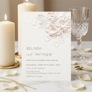 Ivory 3D Flowers Roses Minimalist Wedding Invitat Invitation