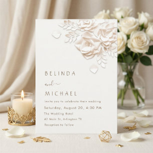 Ivory 3D Flowers Roses Minimalist Wedding Invitat Invitation