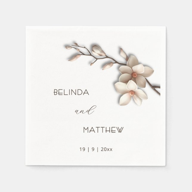 Ivory 3D Magnolia Flowers | Wedding Napkin (Front)