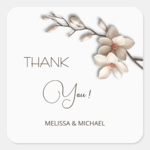 Ivory 3D Mangolia Wedding Thank You Square Sticker