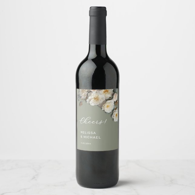 Ivory 3D Roses Wedding Cheers Wine Label (Front)