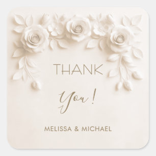 Ivory 3D Roses Wedding Thank You Square Sticker