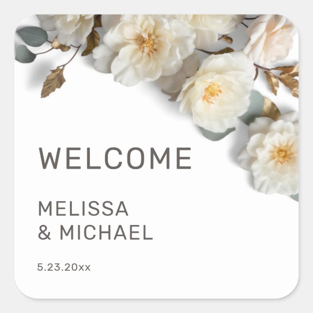 Ivory 3D Roses Wedding Welcome Square Sticker (Front)