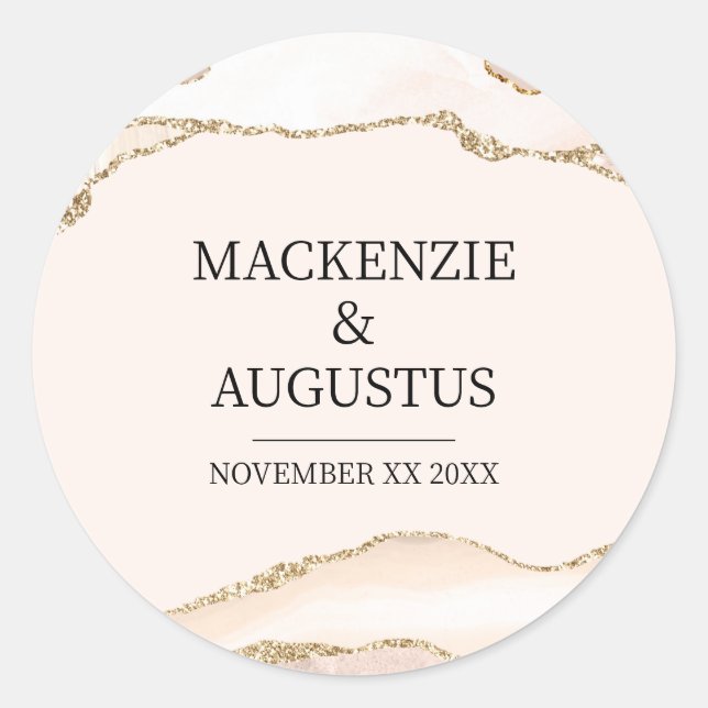 Ivory Agate & Gold Glitter Bride and Groom Wedding Classic Round Sticker (Front)