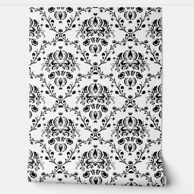 Ivory and Black Damask Wallpaper (Unrolling)