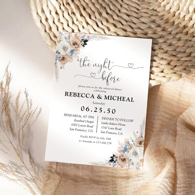 Ivory and Blue Boho Floral The Night Before  Invitation (Creator Uploaded)