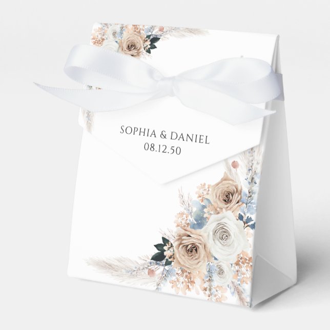 Ivory And Blue Boho Floral Wedding Favour Box (Front Side)