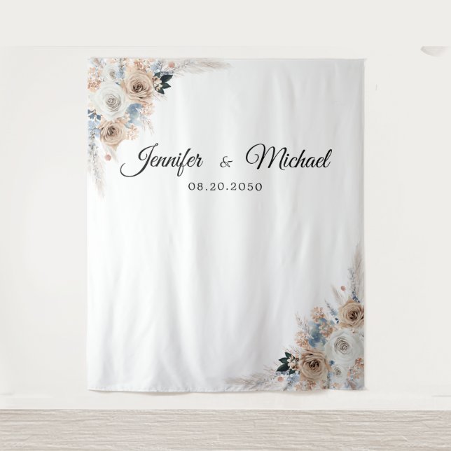 Ivory And Blue Boho Wedding Ceremony Backdrop Tapestry (Front)