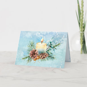 Ivory and Blue Glowing Candle Pinecones Christmas Holiday Card