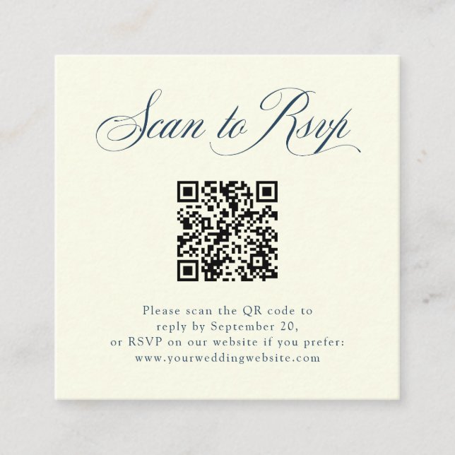 Ivory and Blue Italian Elegance RSVP with QR Code Enclosure Card (Front)