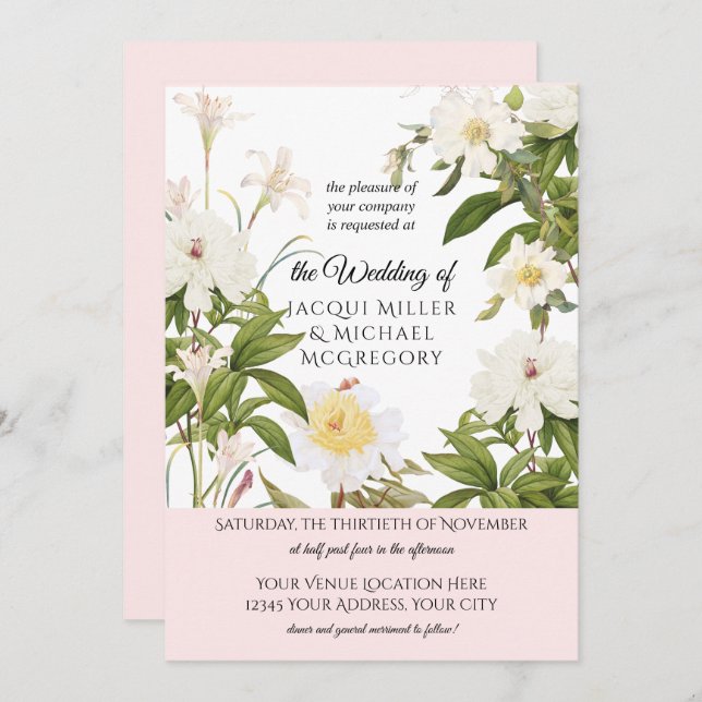 Ivory and Blush Vanilla Rose w Leaf Foliag Wedding Invitation (Front/Back)